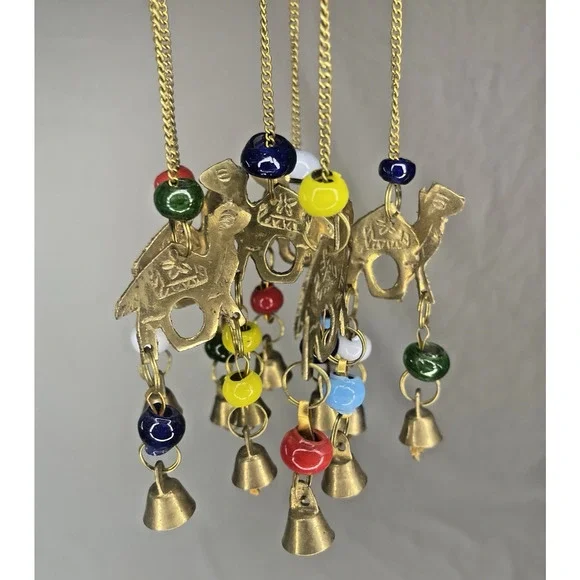 Vintage Dome Hanging Wind Chime Brass Camel Beaded Accents Bohemian Style Decor - Picture 5 of 10